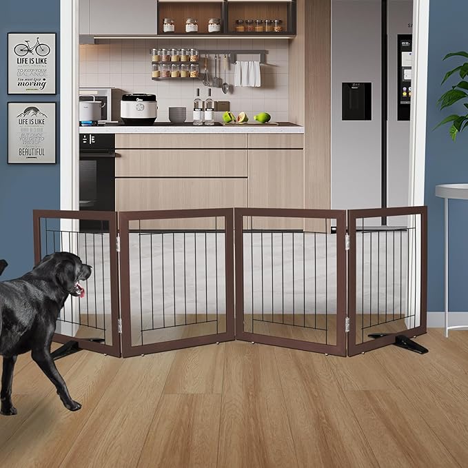 ZJSF Freestanding Dog Gate Indoor, Foldable Dog Fence for Doorways,Hallways or Stairs, Sturdy Wood Extra Wide Pet Gate with Support Feet,Brown,24 "Height-4 Panels