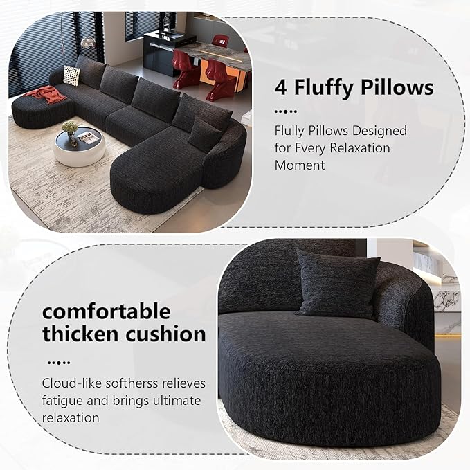 138.6" Modular Sectional Couches Luxury Modern Curved Back U-Shape Sofa Set with Ottoman,Minimalist Comfy Boneless Cloud Couch for Living Room Apartment,(Right Facing Chaise,Black)