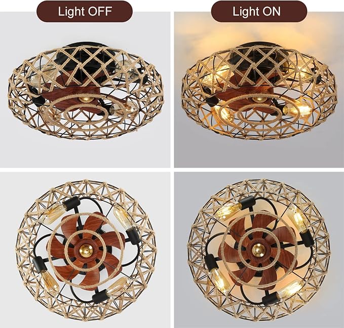 20''Rustic Hemp Rope Caged Ceiling Fans with Lights and Remote Hand-Woven Rattan Flush Mount Ceiling Fan with Light Farmhouse Boho Include Bulbs 6 Speeds Reversible for Bedroom,Kitchen Island