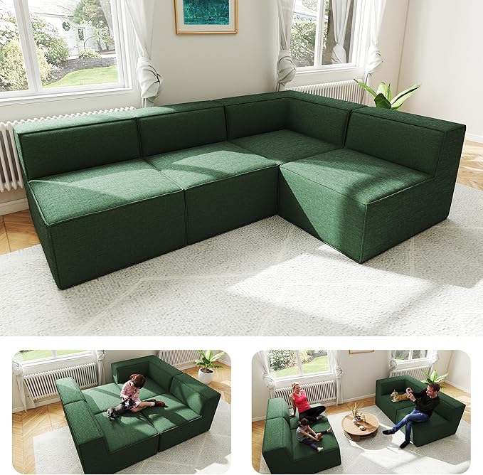 97" Sectional Compressed Sofa Modular Couches,High-Density Foam No Assembly Required,3-Piece(1xCorner 3xArmless) for Living Room, Chenille Green