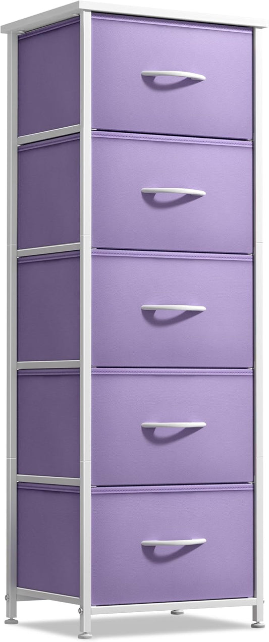 Sorbus Fabric Dresser for Kids Bedroom - Chest of 5 Drawers, Tall Storage Tower, Clothing Organizer, for Closet, for Playroom, for Nursery, Steel Frame, Fabric Bins - Wood Handle (Purple)