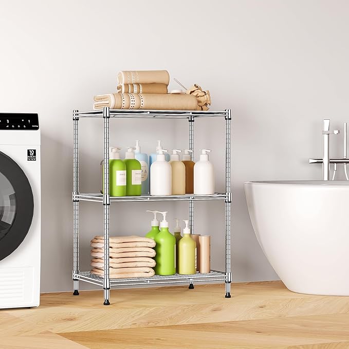IZEUK 3 Tier Shelf, Heavy Duty Steel Wire Shelving Unit for Home, Kitchen, Laundry Room Organization, Office Storage Rack (17.7" W x 11.8" D x 26.3" H, 450LBS, Chrome)