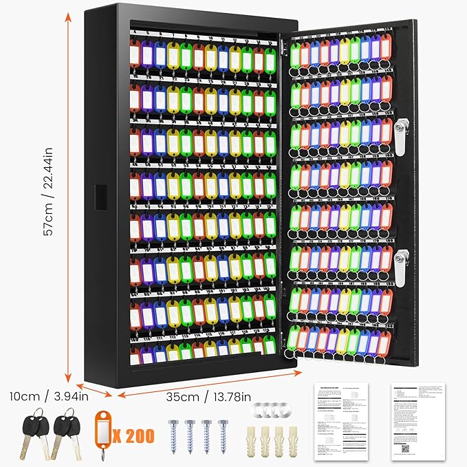 200 Keys Dual Lock Key Cabinet, Anti-Theft Key Lock Box with Key Tags, Adjustable Key Organizer Wall Safe for Car Office House Garage Rental Business