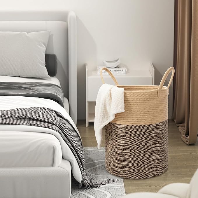 58L Cotton Rope Laundry Basket (20"x15"),Woven Basket for Storage Dirty Clothes Basket for Laundry, Living Room, Nursery, Bedroom Rope Storage Basket for Blankets（Brown/Stitches）