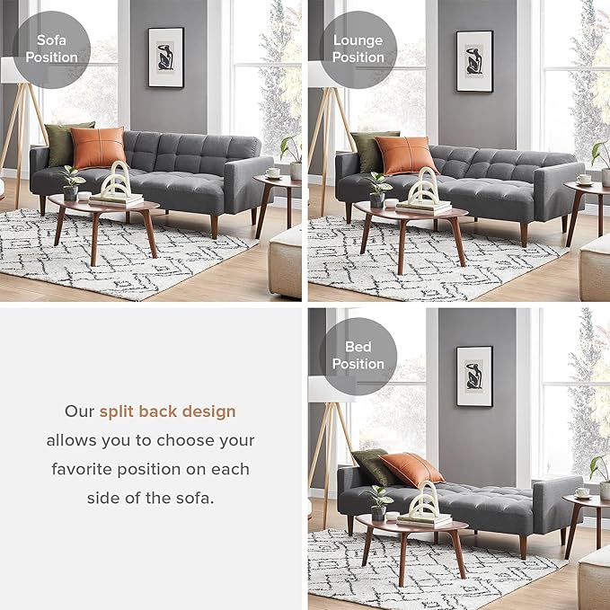 mopio Aaron 76.8" Couch, Small Futon Sofa Bed, Sleeper, Loveseat, Mid Century Modern Futon Couch, Sofa Cama, Couches for Living Room, Bedroom (Dark Grey Fabric)