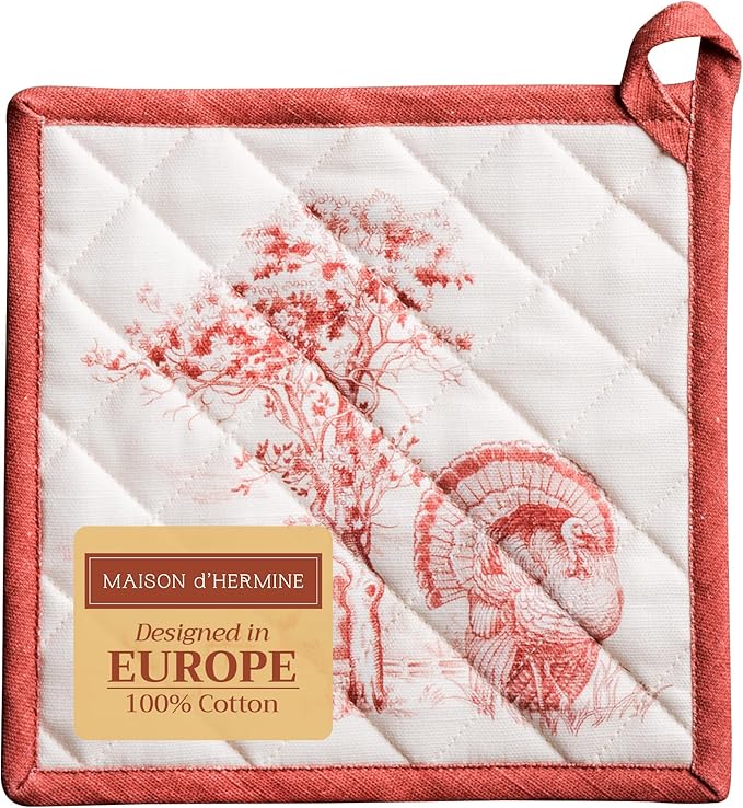 Maison d' Hermine Pot Holders 100% Cotton Heat Resistant Potholders 8" x 8" Hot Pads with Loop for Thanksgiving Christmas Decorations BBQ Cooking Baking Handling Hot Pans (Pack of 1, Holy Jouy - Red)