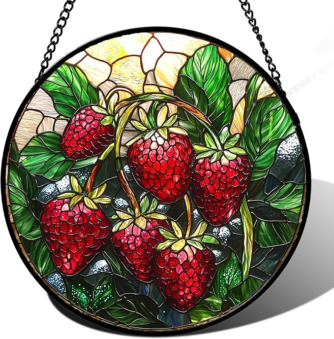 Stained Glass Suncatcher, Red Strawberry Green Leaf Sun Catcher Silver Background Stain Glass Window Hanging Decoration Mother's Day Birthday Gifts for Women Men Mom Nana 7.8 in