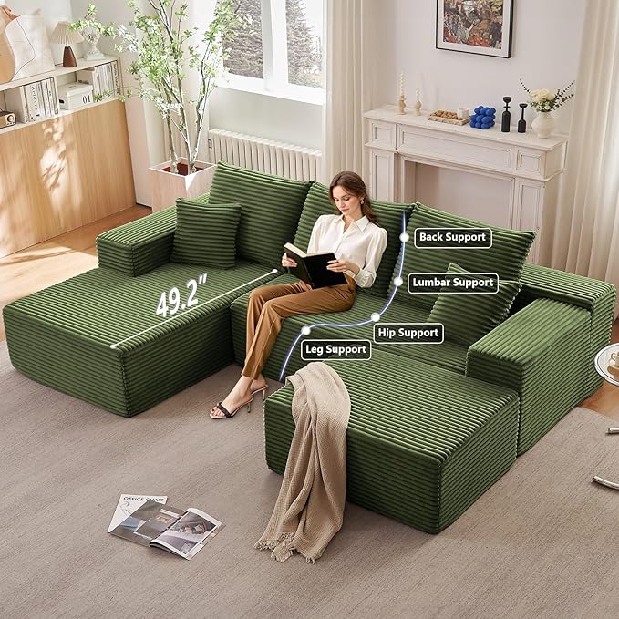 107" L-Shape Sofa with Ottoman, Modern Modular Sectional Comfy U-Shape Cloud Couch, Deep Seat, Upholstered Corduroy Sleeper Chaise Longue for Living Room Bedroom, No Assembly Required, Green