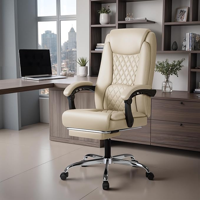 Furmax Office Chair with Footrest Ergonomic High Back Design Executive Computer Desk Chair400lbs, 90-135° Reclining Leather Home Office Desk Chairs Swivel Task Chairs with Wheels (Beige)