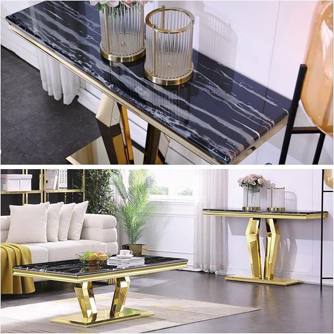 Gold Console Table, Black and Gold Sofa Table, 50 inch Entrance Table with Polished Geometric Base for for Entryway, Living Room, Hallway