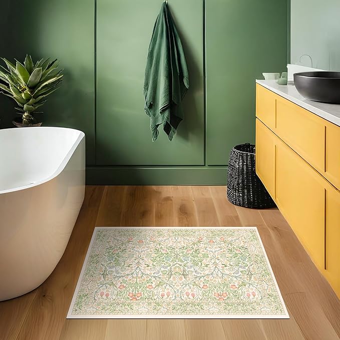 Washable Entry Rug - Front Door Rugs Indoor, Non-Slip Bathroom Small Rugs, Vintage Floral Style Rug for Kitchen, Perfect for Entryway Décor (2x3 Beige Green)