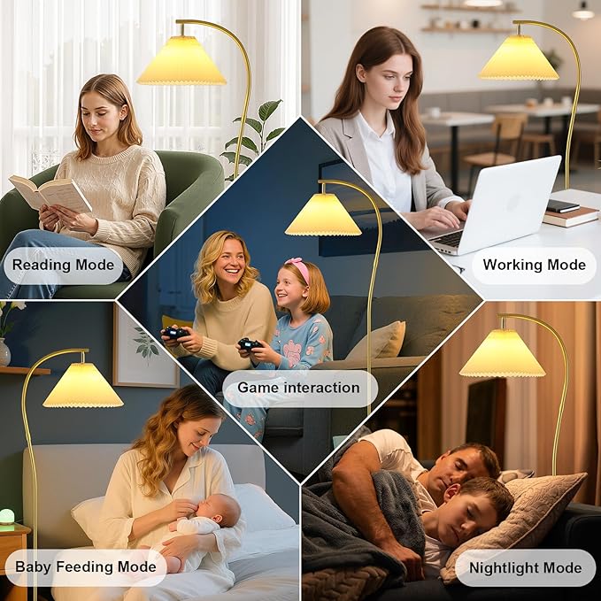 Unique Arc Floor Lamp, Bright 12W Three-Color Dimming, 14-inch Pleated Lampshade, Brass Gold Light Pole, Living Room Corner Bedroom Bedside Office Standing Reading Lamp, Modern Home Decor Tall Light