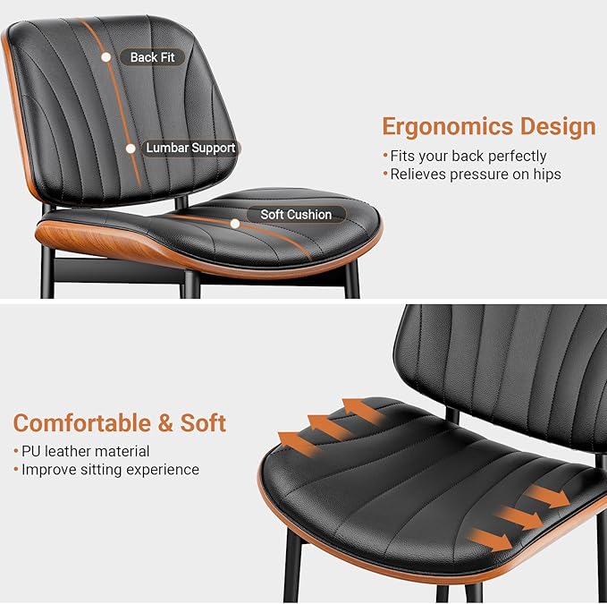 Dining Chairs Set of 4, Dining Room and Kitchen Chairs, FSC Certified Mid Century Modern Accent Chair, Upholstered PU Leather Chairs for Vanity with Walnut Bentwood and Metal Legs, Black