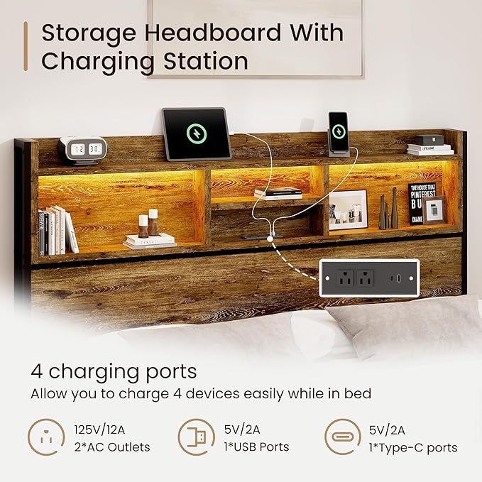 King Storage Bed Frame with 6 Drawers, USB Charging Station, No Noise, No Box Spring Required, Vintage Brown Headboard Platform Bed