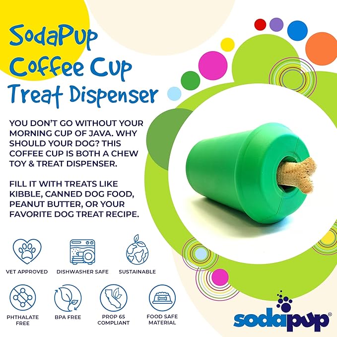 SodaPup Coffee Cup – Durable Dog Treat Dispenser & Chew Toy Made in USA from Non-Toxic, Pet Safe, Food Safe Natural Rubber Material for Mental Stimulation, Problem Chewing, Calming Nerves, & More