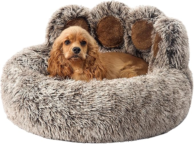 Jiupety Paw Shape Calming Pet Bed, Plush Faux Fur Donut Bed for Dogs & Cats, Machine Washable, Non-Slip Bottom, Large Size (26"×26"×8"), Gray