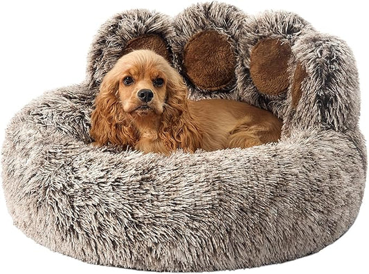 Jiupety Paw Shape Calming Pet Bed, Plush Faux Fur Donut Bed for Dogs & Cats, Machine Washable, Non-Slip Bottom, Large Size (26"×26"×8"), Gray
