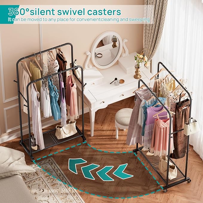 SINGAYE Clothes Rack Garment Clothing Hanger：Coat Rack Metal Double Bar Freestanding for Hanging Clothes Portable With Wheels Rolling Closet for Laundry Bedroom Drying Black