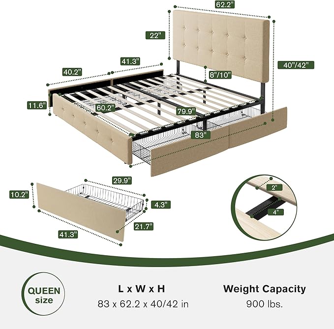 MUTICOR Queen Size Bed Frame with 4 Storage Drawers, Upholstered Platform Bed with Button Tufted Adjustable Headboard, No Box Spring Needed, Easy Assembly, Square Tufted, Beige Fabric