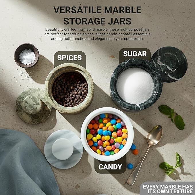 natural Marble Salt Cellar With Lid - Stone Salt Container And Stone Salt Holder, Spice Jars for Counter, Candy Jar & Spice Jar, Oceanic