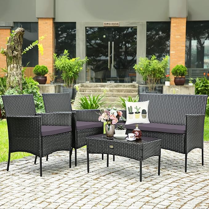 Tangkula 8 Pieces Patio Furniture Set, Outdoor Wicker Conversation Set with Tempered Glass Tabletop, Rattan Sofa and Chairs Set with Off White & Grey Cushion Covers