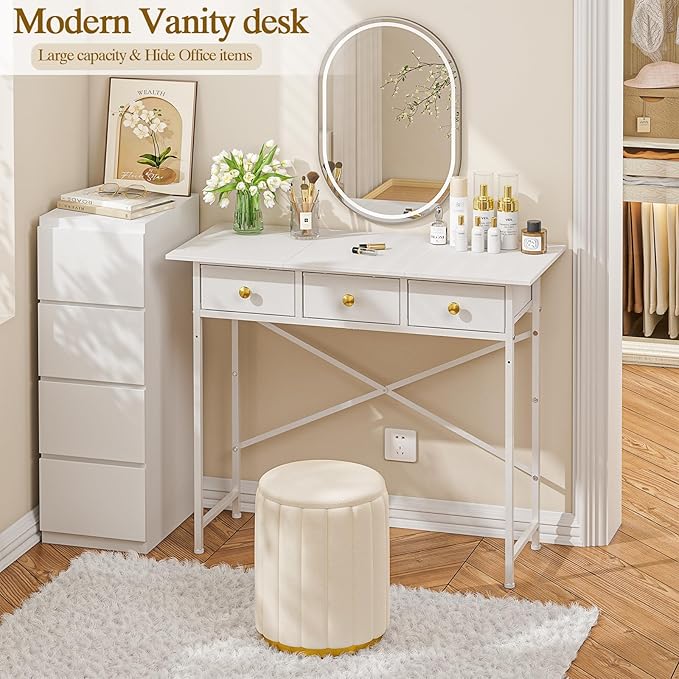 Small Makeup Vanity Desk No Mirror, 37.2 Inch Vanity Desk with 3 Drawers, Girls Vanity Dressing Table for Bedroom, Small Vanity for Small Spaces, White