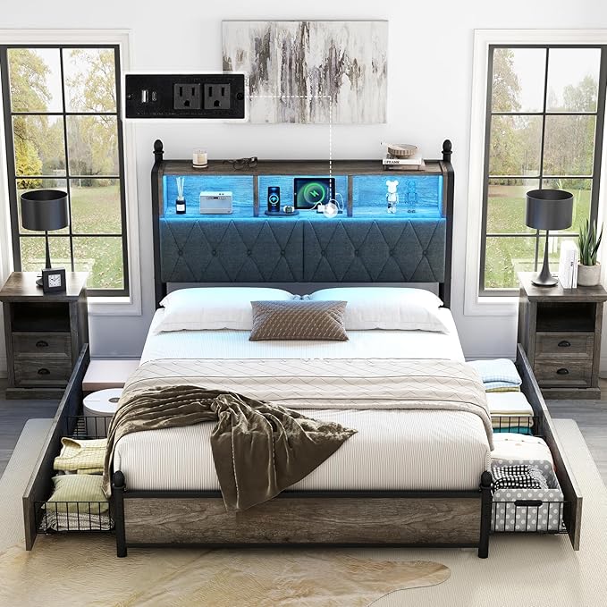 AMERLIFE Full Size Bed Frame with Bookcase Headboard and 4 Storage Drawers, Wooden Platform Bed with Charging Station and LED Light, No Box Spring Needed/Noise-Free, Gray