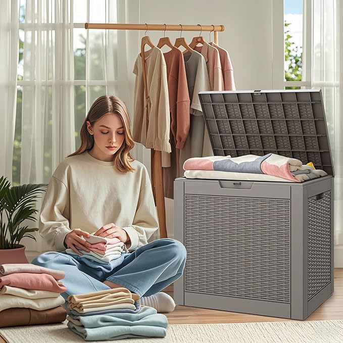 Outdoor Storage Box, Resin Deck Boxes Indoor and outdoor, Waterproof Storage Box Lockable Lid (Grey, 35 Gallon)