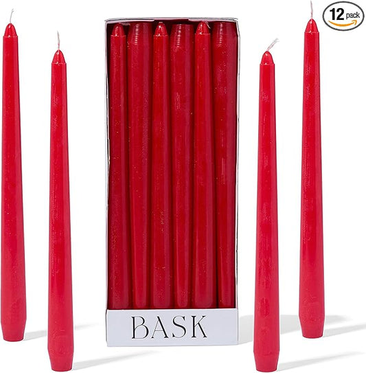 Bask 10-inch Taper Candles - Unscented and Dripless - Burns for 8 Hours - Home Decor for Dinner Table, Kitchen, and Bedroom - Perfect for a Romantic Date or Anniversary - 12-Pack - Red