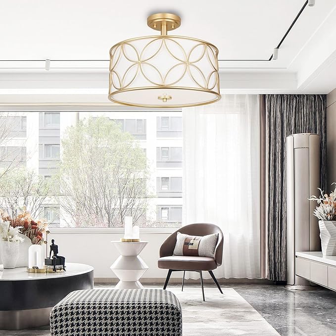 3-Light Semi Flush Mount Ceiling Light, 16" Drum Light with Fabric Shade, Modern Close to Ceiling Lamp for Living Room Bedroom Dining Room Kitchen Hallway Entry Foyer (Gold)