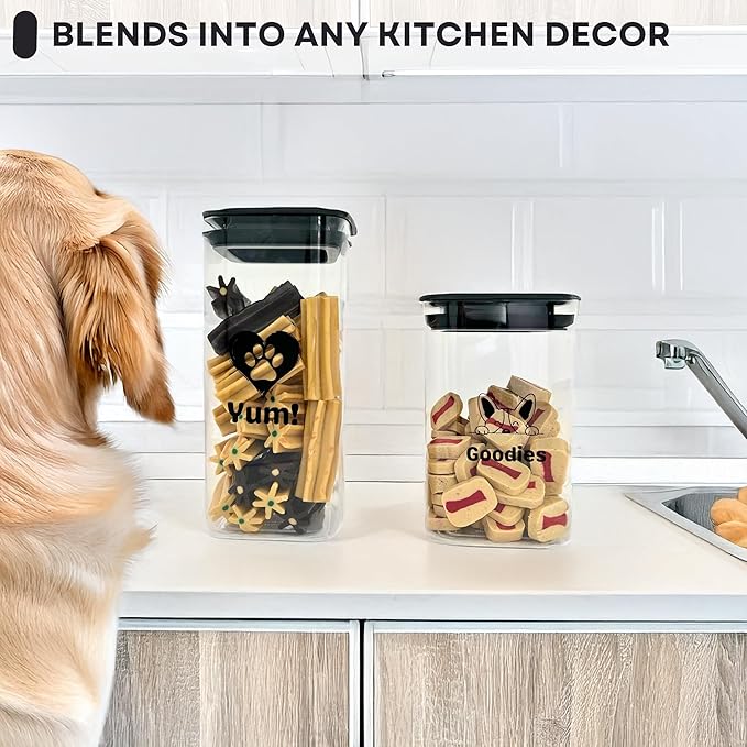 Set of 2 Dog Treat Containers Plastic – 1L & 1.4L Dog Treat Jars with Lids, Dog Treat Holder, Keeps Treats Fresh