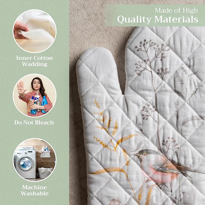 Maison d' Hermine Oven Gloves 100% Cotton Oven Mitt 7" x 13" with Loop Heat Resistant, BBQ, Cooking Gloves, Grilling, Kitchen, Handling Hot Pans Spring/Summer (Pack of 1, Meadow Florals - Beige)