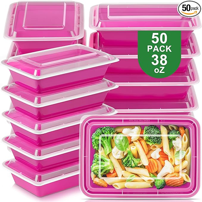 50 Pack Meal Prep Containers with Lids 38oz - BPA-Free, Reusable, Leakproof Food Storage Containers - Microwave/Dishwasher/Freezer Safe, To Go Take Out Plastic Food Storage Pans(Red)