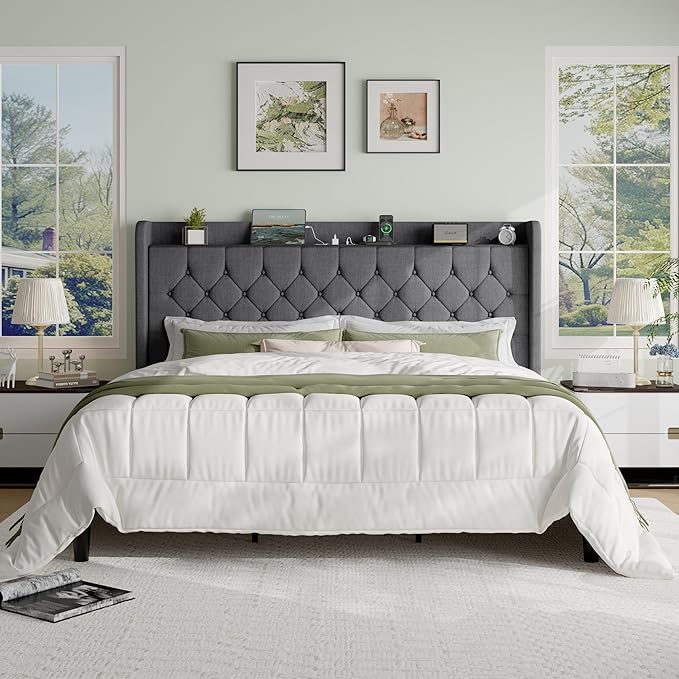 SHA CERLIN King Size Platform Bed Frame with Charging Station, Velvet Wingback Headboard with Storage Shelf, Wooden Slats Support, Ample Under-Bed Space, No Box Spring Needed, Easy Assembly, Dark Grey