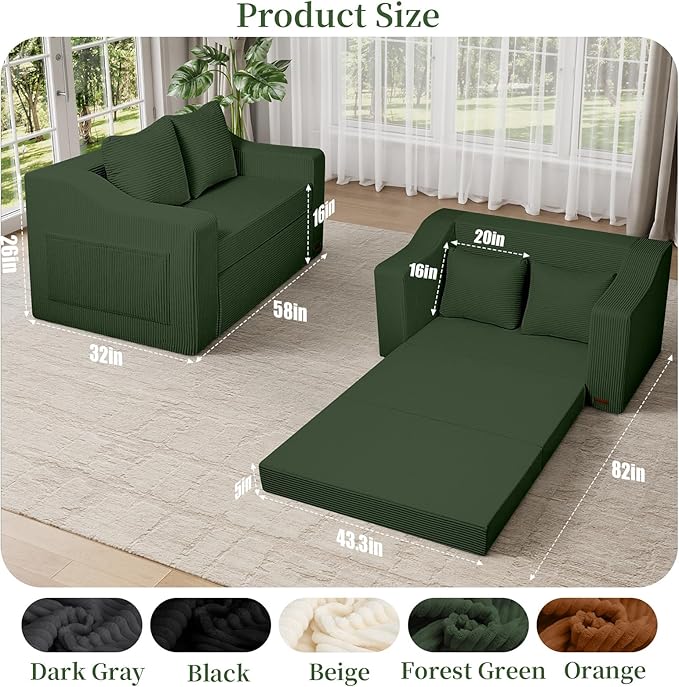 MeMoreCool Convertible Sofa Bed, Pull Out Loveseat Sofa Sleeper Couch for Bedroom Living Room Lounge, 2 in 1 Small Couch Bed with Pillow, Foldable Love Seat Futon Corduroy Green