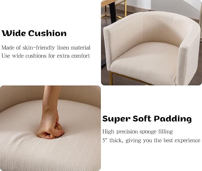 Linen Fabric Dining Chair Modern Barrel Arm Chairs with Golden Frame, Upholstered Kitchen Chairs 18.5" Wide Accent Chair for Living Room Dining Room Restaurant, Cream