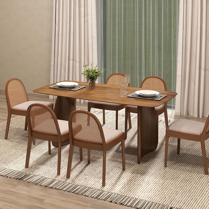 LukeAlon Modern Linen Dining Chairs Set of 8, Natural Woven Rattan Cane Back Side Chairs with Solid Wood Legs Mid Century Dinner Chairs for Kitchen Living Room, Beige