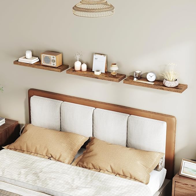Floating Shelves for Wall, 1.5" Thick Wall Shelf Set of 3 with Invisible Brackets, 23.6L x 7.9W Hanging Shelves Farmhouse Home Decor for Bathroom, Living Room, Bedroom, Rustic Brown 6301BJP3BF