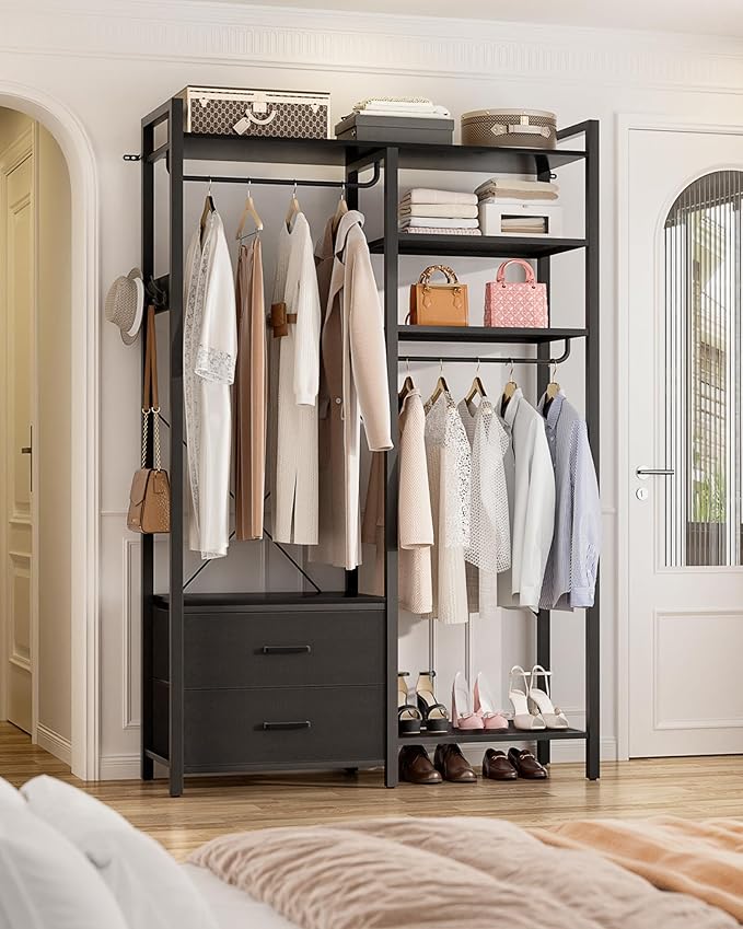 78.7'' Clothes Rack for Hanging Clothes - Reversible Clothing Rack with 2 Drawers, Heavy Duty Garment Racks with Shelves, 6 Tiers Freestanding Portable Closet Wardrobe System with Hanging Hooks, Black