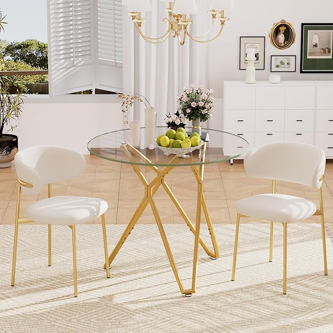 35.4" Round Dining Table for 4, Modern Clear Glass Kitchen Table for 4 with Gold Metal Legs, Compact Small Circle Dining Room Leisure Tables for Kitchen Apartment