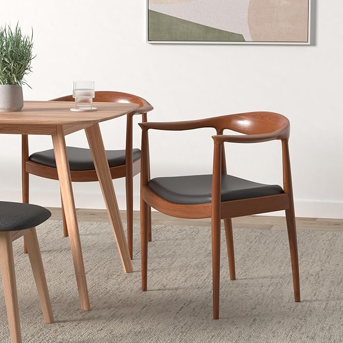 Tomile Upholstered Dining Chair Kennedy Armchair, Mid Century Modern Kitchen & Dining Chairs with PU Leather Cushion Seat, Hans Wegner Elbow Chair for Living Room Bedroom Office (Chestnut Color)