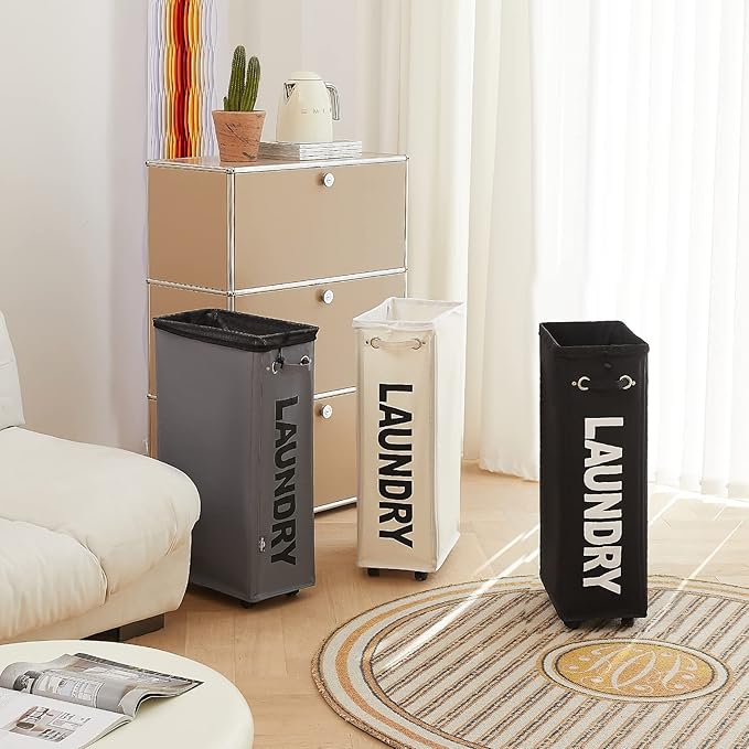DOKEHOM 29-Inches Enlarged Slim Laundry Basket with Removable Wash Bag on Wheels, Collapsible Rolling Laundry Hamper, Foldable Narrow Corner Clothes Storage Bins (Black)