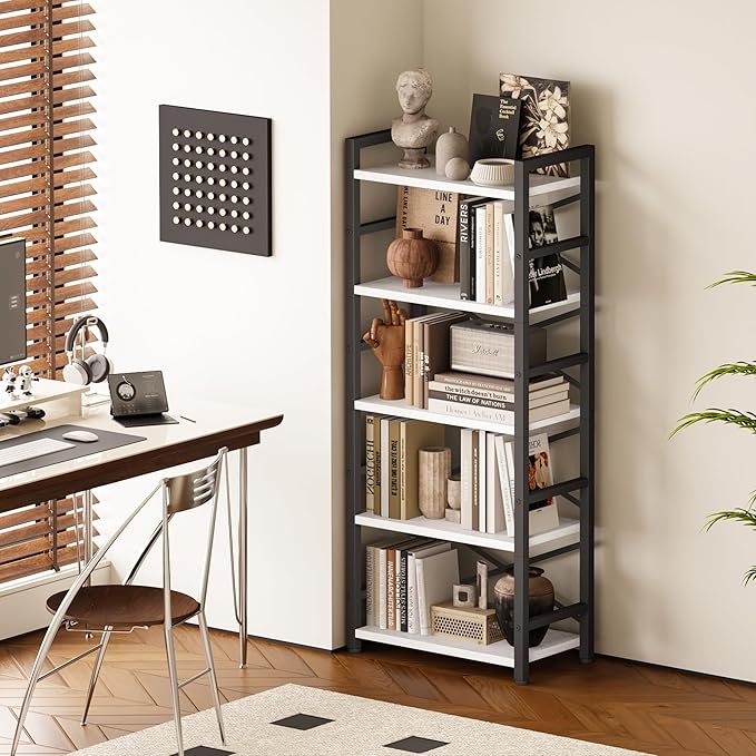 Homeiju Organization and Storage, 5 Tier Bookshelf, Tall Bookcase with Shelves, Wood and Metal Book Shelf Storage Organizer, Industrial Display Standing Shelf Unit for Bedroom, White