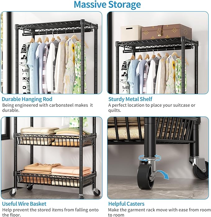 Heavy Duty Clothes Rack Rolling Garment Rack,Adjustable Wire Shelving Clothing Racks for Hanging Clothes with Hanger&Double Basket,Freestanding Metal Wardrobe Storage Portable Closet
