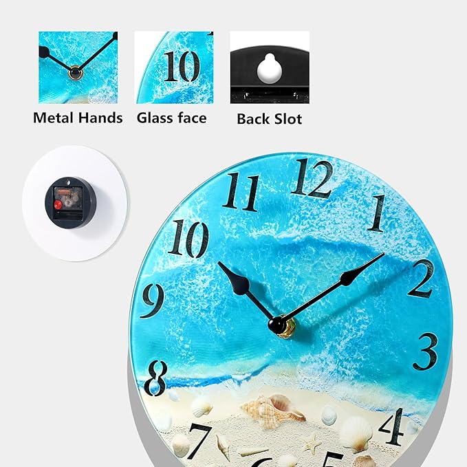 Coastal Nautical Glass Wall Clock with Seashell Design and Aesthetic Beach Theme - Battery Operated Silent Wall Decor for Home, Kitchen, Living Room, Office, Bedroom, or Bathroom (8 Inch,Light Blue)