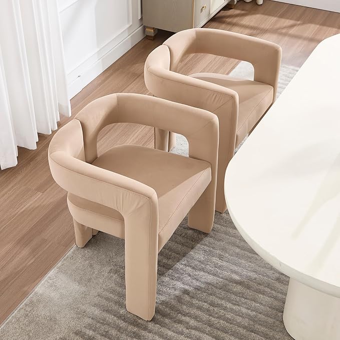 Modern Dining Chairs Set of 2, Upholstered Side Chairs Velvet Fabric Guest Chairs with Barrel Backrest Armchair for Dining Room Living Room, Khaki
