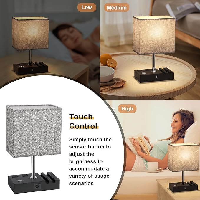 Kakanuo Nightstand Lamp for Bedroom with Dual USB Ports, Grey Touch Control Bedside Table Lamp with Charging Outlets and Phone Stands, 3-Way Dimmable Desk Lamp for Living Room, LED Bulb Included