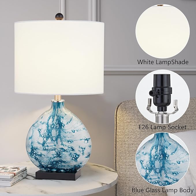 Maxax 24" Coastal Glass Table Lamp, 3-Way Dimmable Blue Glass Bedside Lamp with White Drum Shade for Living Room Bedroom Nightstand