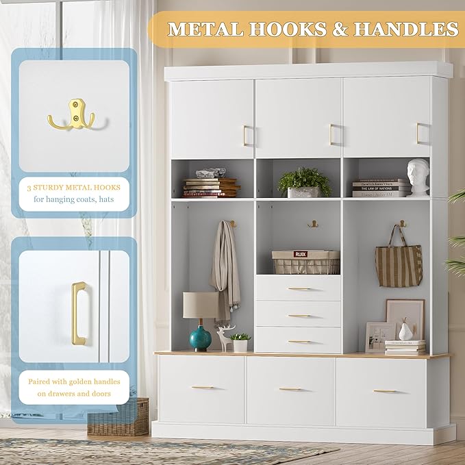 Merax 5-in-1 Hall Tree with Bench and Storage, Modern with Coat Rack, 6 Drawers, 3 Cabinets and 3-Tier Top Storage for Hallway, Entryway, Living Room, White