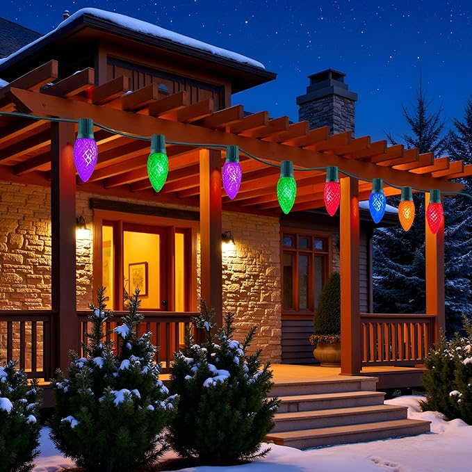 YULETIME Multicolor C9 LED Christmas Lights, 25 Feet 25 Count 12" Spacing Faceted Strawberry Bulbs UL Certified Outdoor String Light Set (Multicolor)